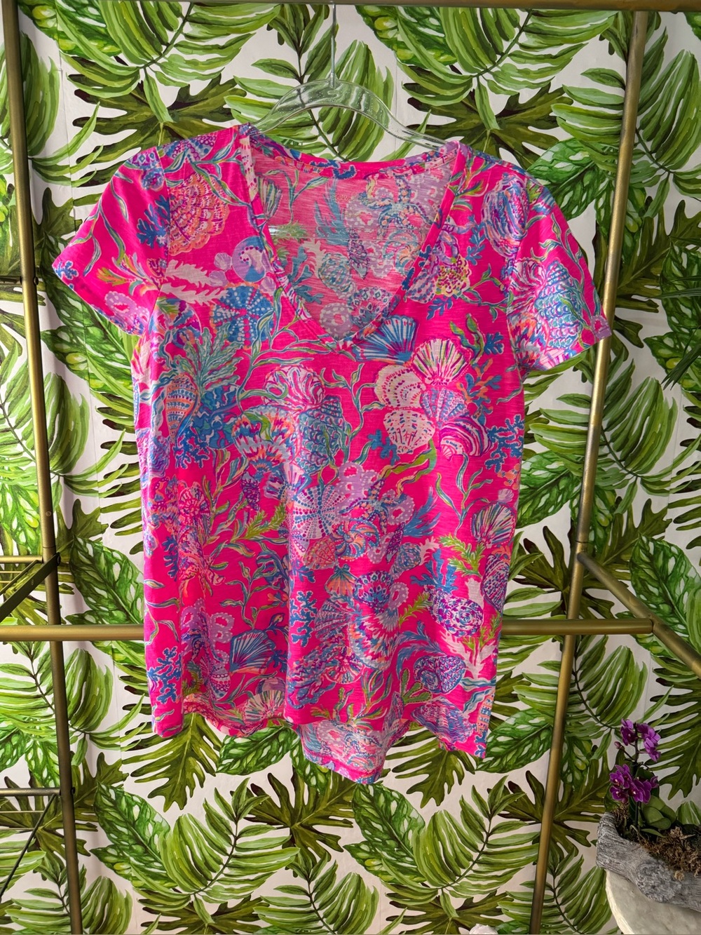 Lilly Pulitzer Hot Pink Floral V-Neck Short Sleeve Tee